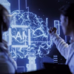 Duas engenheiras de software olhando para uma tela azul escrita "AI" representando o que muda com a IA generativa até 2027