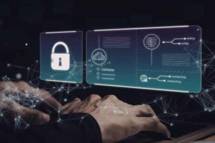 Mãos digitando em notebook com interface digital sobrepondo cadeado e painel de configurações, representando a segurança do código gerado por IA