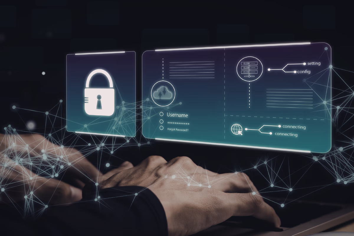 Mãos digitando em notebook com interface digital sobrepondo cadeado e painel de configurações, representando a segurança do código gerado por IA