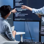 Profissionais de tecnologia analisando código de um modelo de inteligência artificial em monitores durante reunião de equipe de desenvolvimento de software