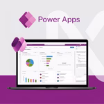 Power Apps em um notebook, com a interface de um aplicativo corporativo e o logotipo do Power Apps em destaque.
