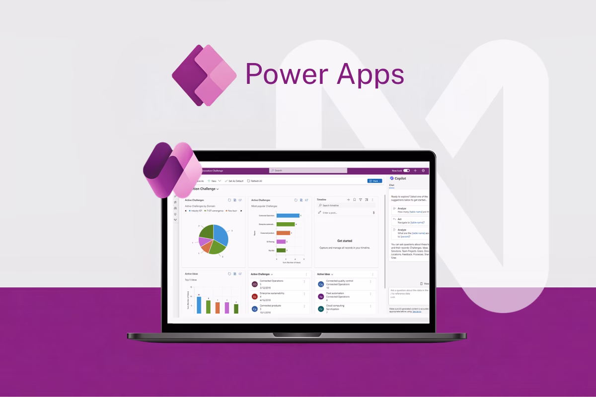 Power Apps em um notebook, com a interface de um aplicativo corporativo e o logotipo do Power Apps em destaque.