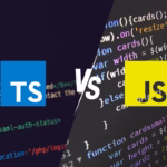 Ilustração comparando as linguagens TypeScript e JavaScript, com os logos TS e JS lado a lado sobre um fundo de código-fonte