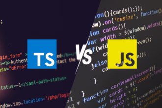 Ilustração comparando as linguagens TypeScript e JavaScript, com os logos TS e JS lado a lado sobre um fundo de código-fonte