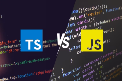 Ilustração comparando as linguagens TypeScript e JavaScript, com os logos TS e JS lado a lado sobre um fundo de código-fonte