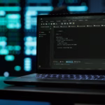 Notebook aberto sobre uma mesa exibindo código em um ambiente de desenvolvimento, com servidores de um data center iluminados ao fundo.