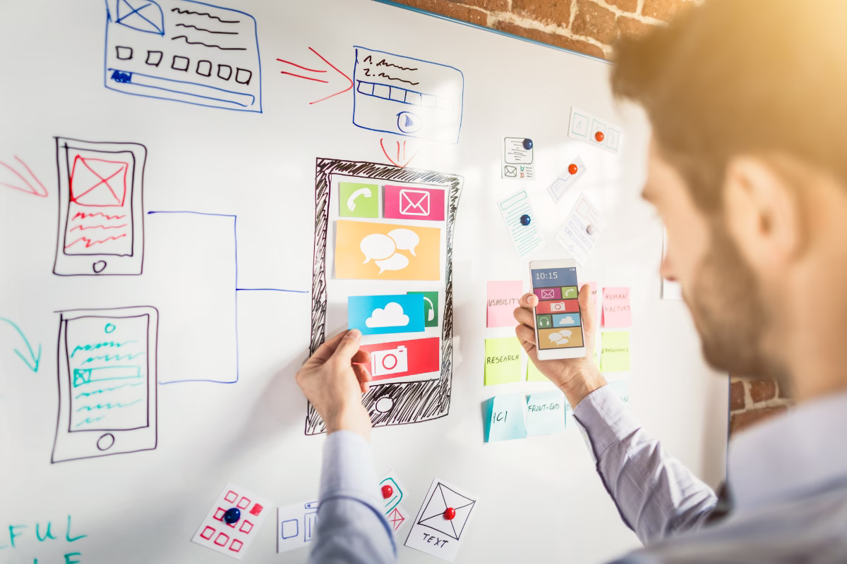 Profissional planeja a interface de um aplicativo em um quadro branco com wireframes, ícones de papel e post-its, segurando um smartphone