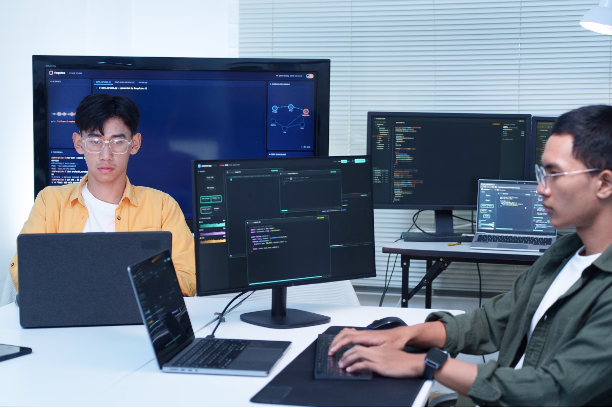Software factory developers working on laptops and monitors displaying code in a modern tech office