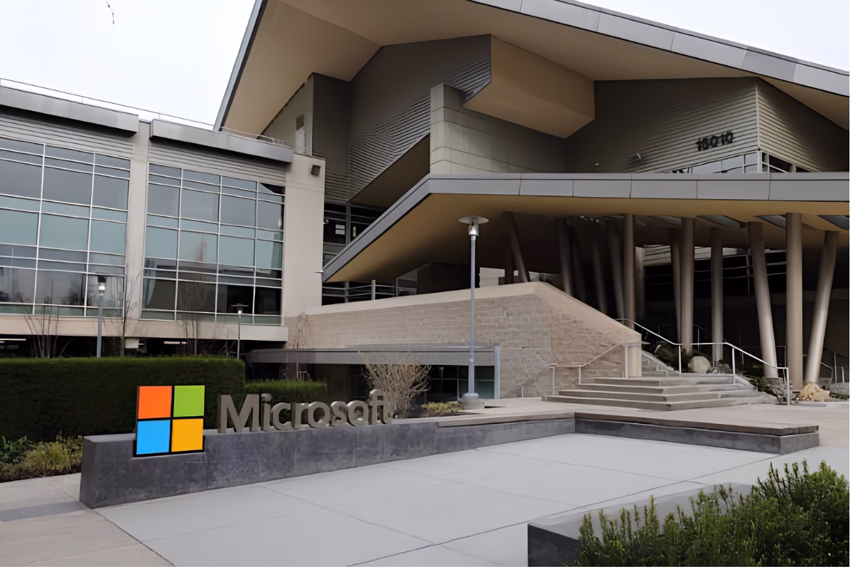Microsoft campus with the company logo and name at the building entrance