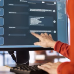 Pessoa de suéter vermelho aponta para a tela de um monitor que exibe uma interface de assistente de IA, com um chat de perguntas e respostas e atalhos para criar vídeo, imagem, calendário e texto.