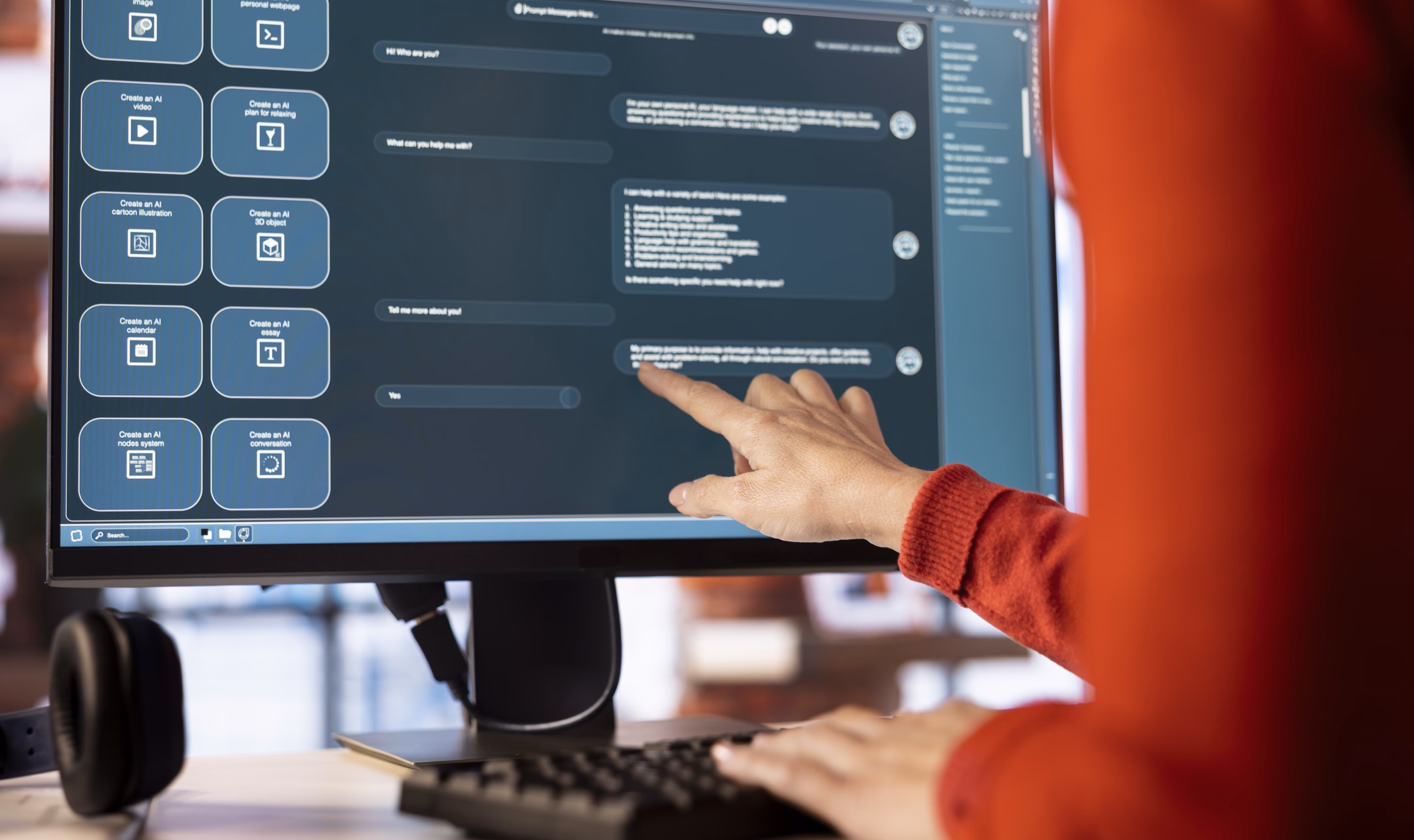 Pessoa de suéter vermelho aponta para a tela de um monitor que exibe uma interface de assistente de IA, com um chat de perguntas e respostas e atalhos para criar vídeo, imagem, calendário e texto.